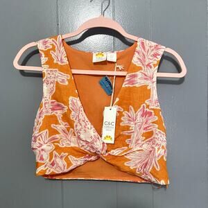 NEW C&C California Orange Pink Tropical Linen Sleeveless Twisted Crop Top S